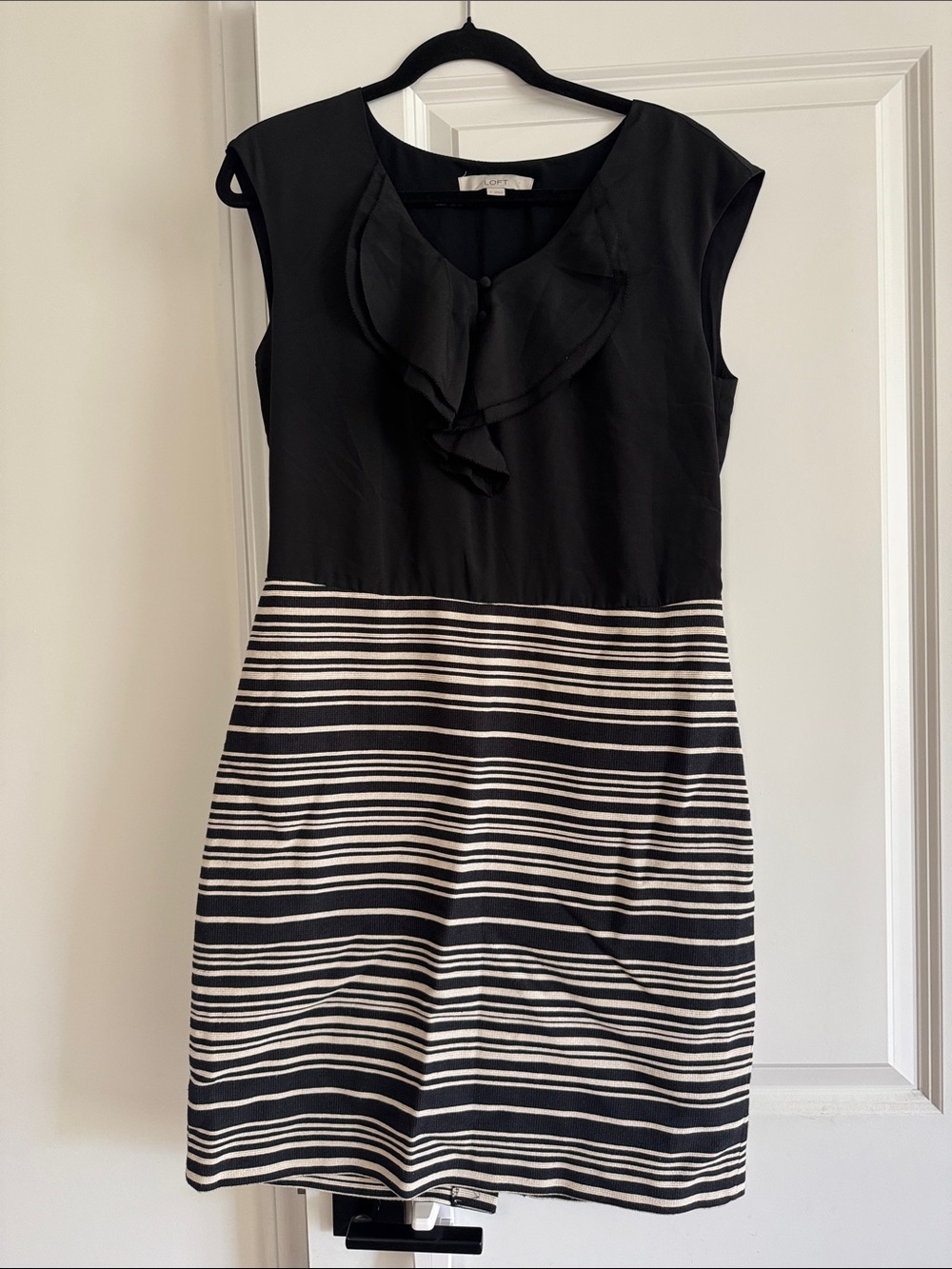 LOFT Black and Cream Ruffle-Neck Striped Sheath Dress